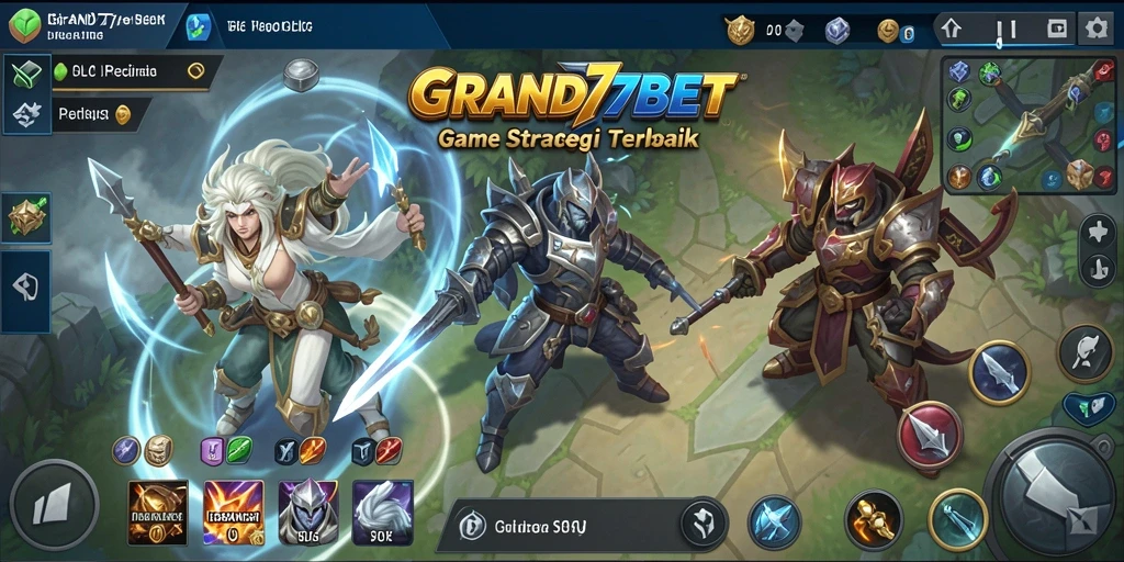 Tangkapan layar menampilkan pertempuran epik dalam GRAND77BET dengan gameplay SLG yang intens.