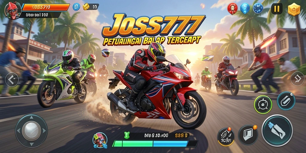 Screenshot utama JOSS777 menampilkan aksi balap motor yang mendebarkan.