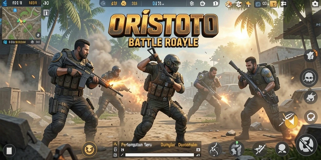 Screenshot utama ORISTOTO menampilkan aksi seru dalam gameplay Battle Royale.