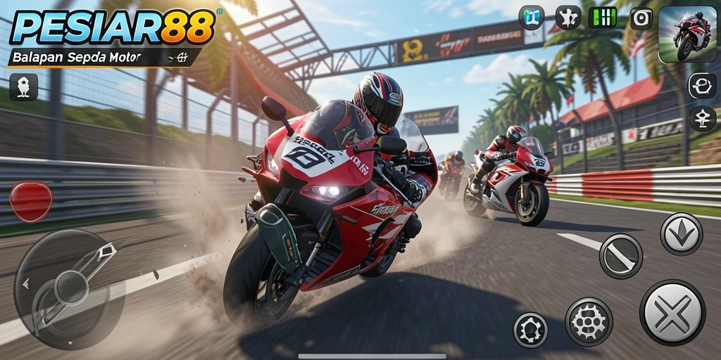 Screenshot utama PESIAR88 menampilkan aksi seru balapan motor.